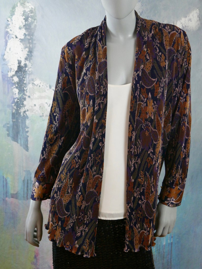 1990s Vintage Brown Beige /& Purple Floral Paisley Open-Front Jacket 20 UK Size 16 US Crunch Pleated Long Blazer