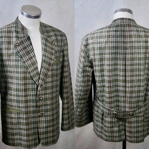 Trachten Jacket, Olive Green Gray and Red Linen Blend Lightweight Plaid Blazer, Size 40 US/UK