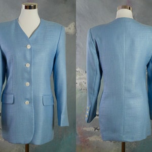 Light Blue Blazer, European Vintage Princess Diana Style Collarless Wool Silk Blend Linen Look Long Jacket: Size 10 US, 14 UK