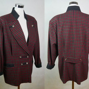Red & Charcoal Gray 90s Vintage Wool Double Breasted Blazer, Austrian Trachten Style Lodenfrey Jacket, Size Extra Large, 16 to 18 USA