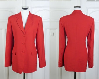 Coral Red Silk Blazer, 1990s Thai Vintage Princess Diana Style Notch Collar Jacket: Size 8/10 US, 12/14 UK