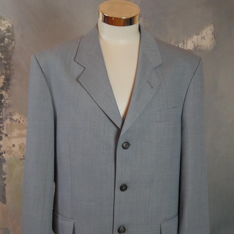 1990s German Vintage Three-Button Single-Breasted Wool Jacket European Retro Menswear Size 46 USUK Light Blue Blazer