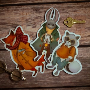 The Explorers / Set de 3 pegatinas de vinilo / Ilustración, acogedor, cottagecore, zorro, mapache, conejito, arte, pintura, diseño de gráficos
