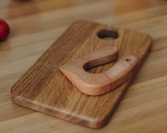 Cutting Board and Safe Wooden Knife for Kids, Toddler Utensil Montessori Toy, Child Oak Chopping board and Chopper Beech