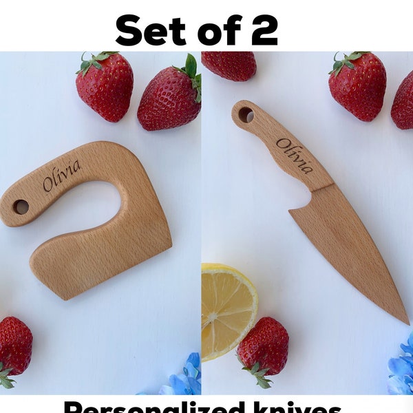 Personalisierte Montessori Messer, sichere Holzmesser für Kinder, Kinder Utensil, Lernspielzeug, Buchenholz 2er Set