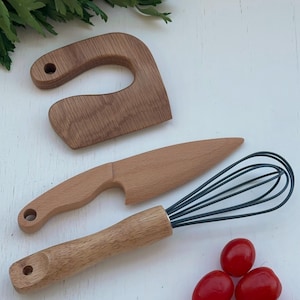 Montessori Wooden Knife and Whisk Set: Toddler-Safe Wood Kitchen Utensils
