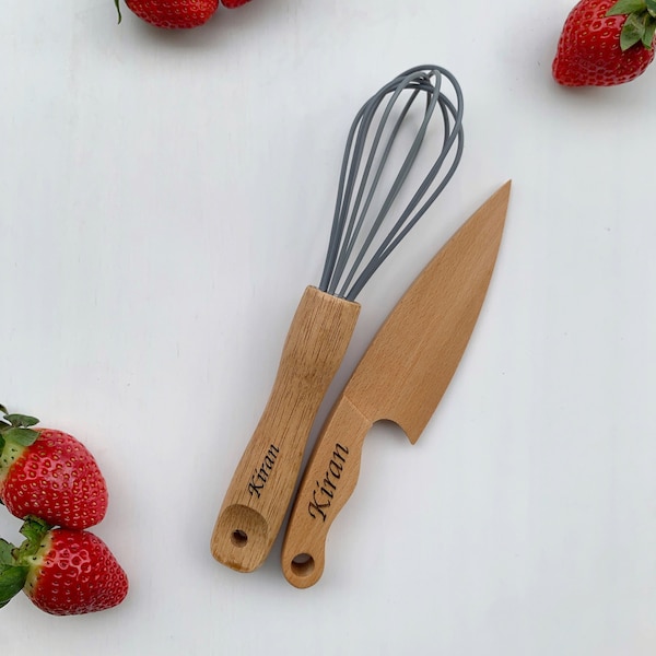 Personalised Safe Wooden Knife for Kids and Small Whisk set, Montessori Knife, Toddler Butter Knife, Educational toy, Easter Basket Stuffers