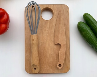 Safe Wooden Montessori Toddler Knife for Kids, Small Wooden Cutting Board, Wooden egg whisk, Children's Utensil