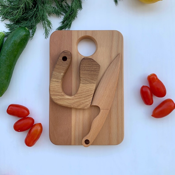 Cutting Board, Safe Wooden Knife and Butter Knife for Kids SET, Toddler Utensil Montessori Toy Knife, Wooden Chopper