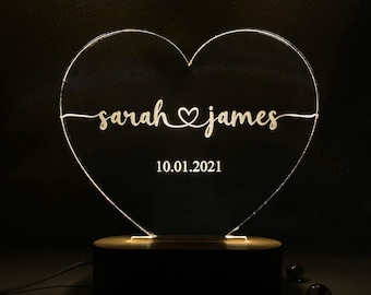 Gepersonaliseerde Heart Night Light Custom Gift voor haar Valentijnsdagcadeau, jubileumcadeau, cadeau voor vrouw, koppelcadeau