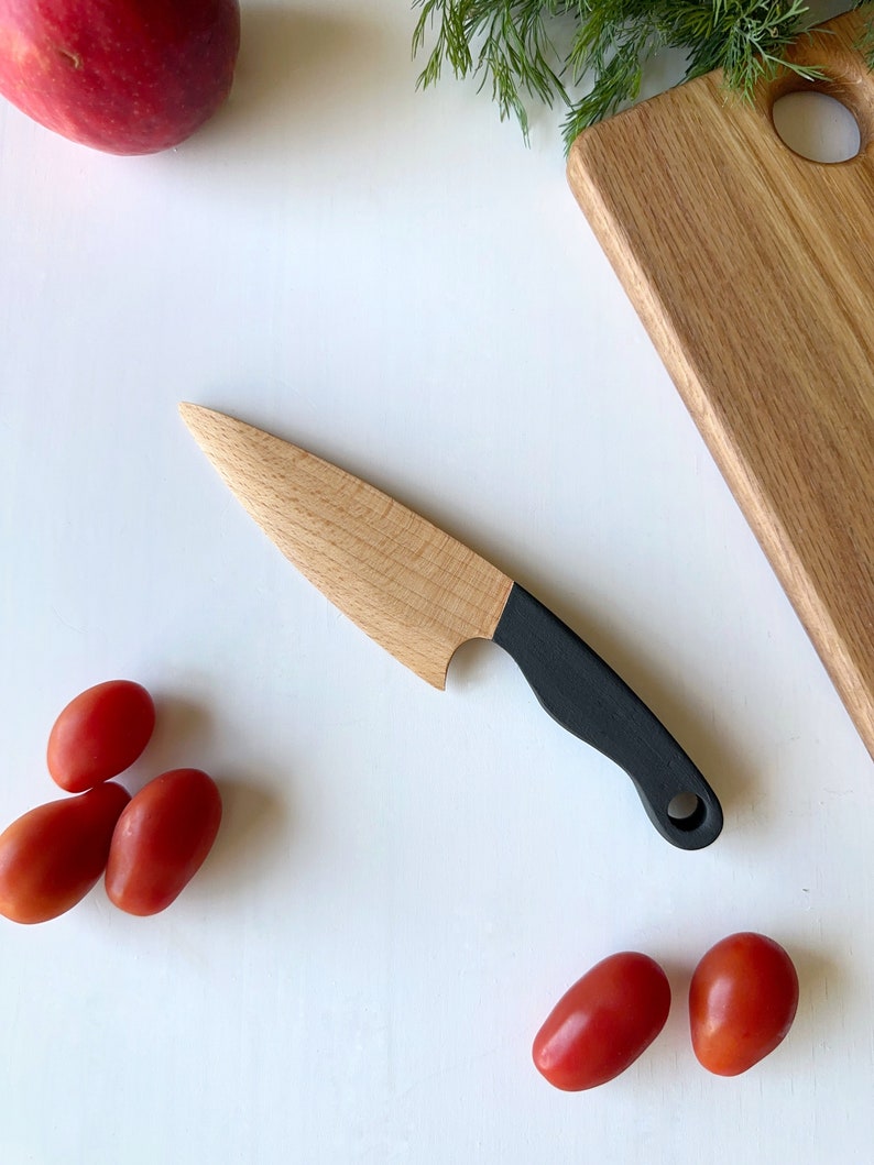 Safe Wooden Knife for Kids, Children's Utensil Montessori Knife, Toddler Butter Knife Vegetable and Fruit Cutter Black