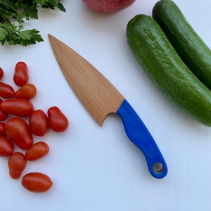Safe Wooden Knife for Kids, Children's Utensil Montessori Knife, Toddler Butter Knife Vegetable and Fruit Cutter Blue
