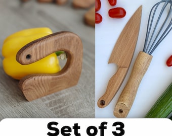 Montessori Toddler Safe Wooden Knife for Kids, Montessori Knife, Small Wooden Whisk, Butter Knife for Kids set of 3