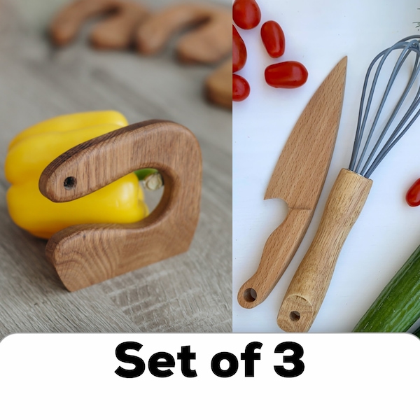 Montessori Kleinkind Safe Holzmesser für Kinder, Montessori Messer, kleiner Holz Schneebesen, Buttermesser für Kinder 3er-Set