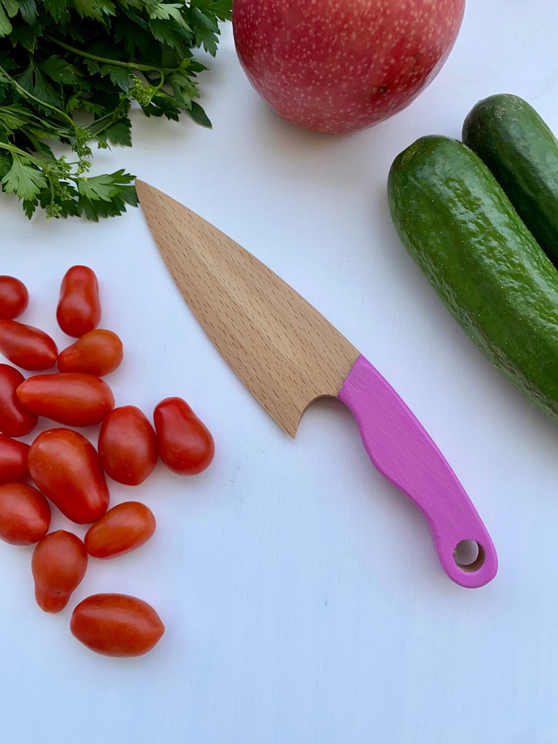 Safe Wooden Knife for Kids, Children's Utensil Montessori Knife, Toddler Butter Knife Vegetable and Fruit Cutter Pink