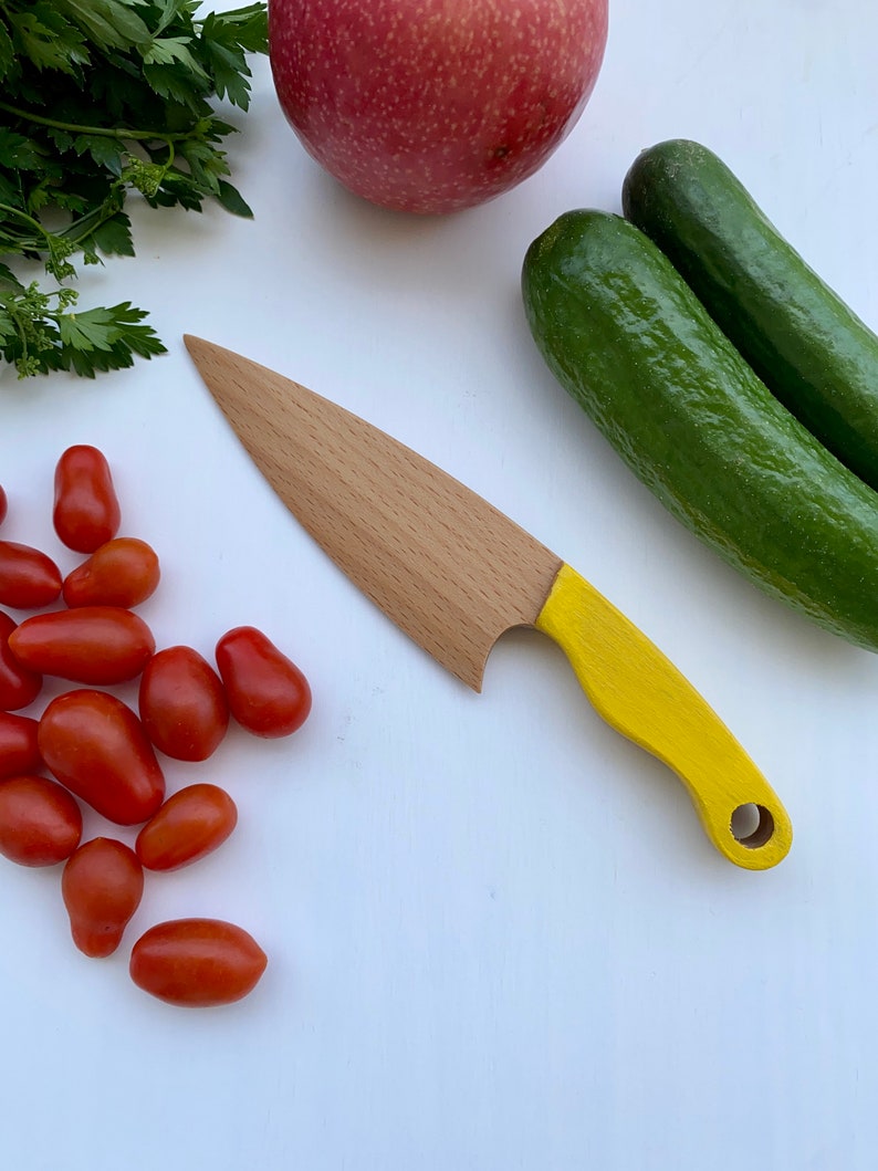 Safe Wooden Knife for Kids, Children's Utensil Montessori Knife, Toddler Butter Knife Vegetable and Fruit Cutter Yellow