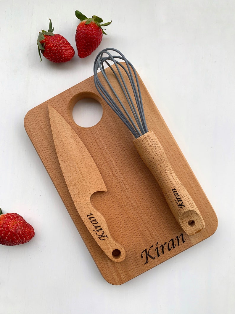 Personalized Montessori Toddler Wooden Knife and Cutting Board Set: Kitchen Utensil Gift