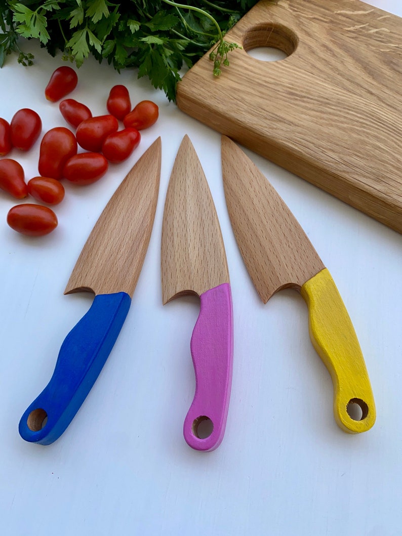 Safe Wooden Knife for Kids, Children's Utensil Montessori Knife, Toddler Butter Knife Vegetable and Fruit Cutter image 1