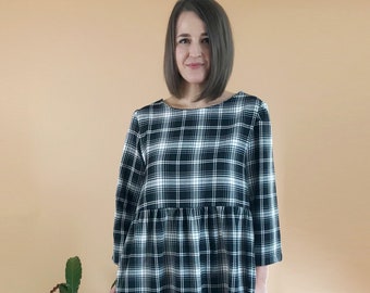 Handmade Midi Tartan Smock Dress with Pockets Black White Monochrome uk4-26