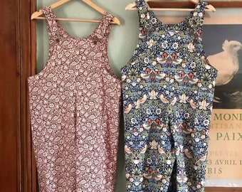 William Morris Dungarees: Handmade Cotton Romper, Strawberry Thief Print