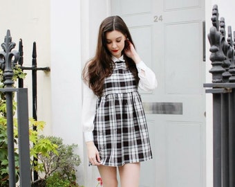 Handmade tartan smock jumper dress with red navy black white pinafore Available in sizes uk4-26