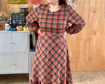 Silk Noile prayer midi dress. check cottagecore with pockets