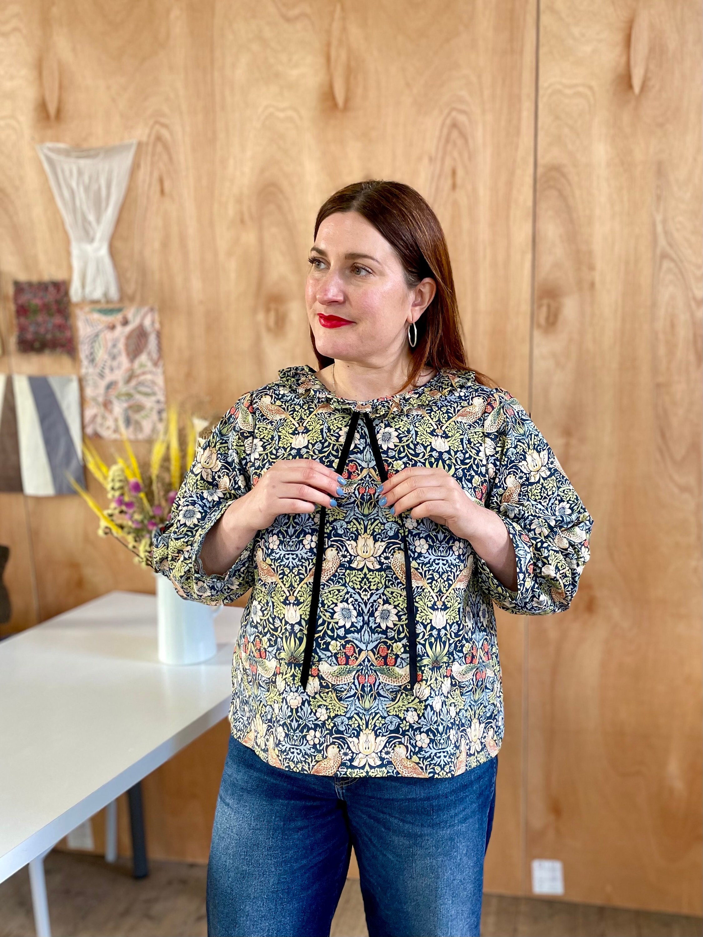 Handmade William Morris Cotton Blouse: Peterpan Collar, Velvet Tie