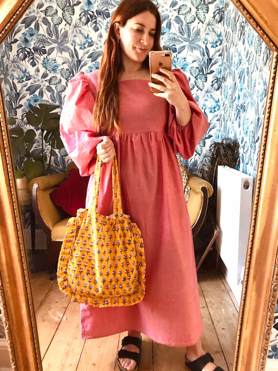 Handmade Ladies Balloon Sleeve Square Neck Midi Dress Pink