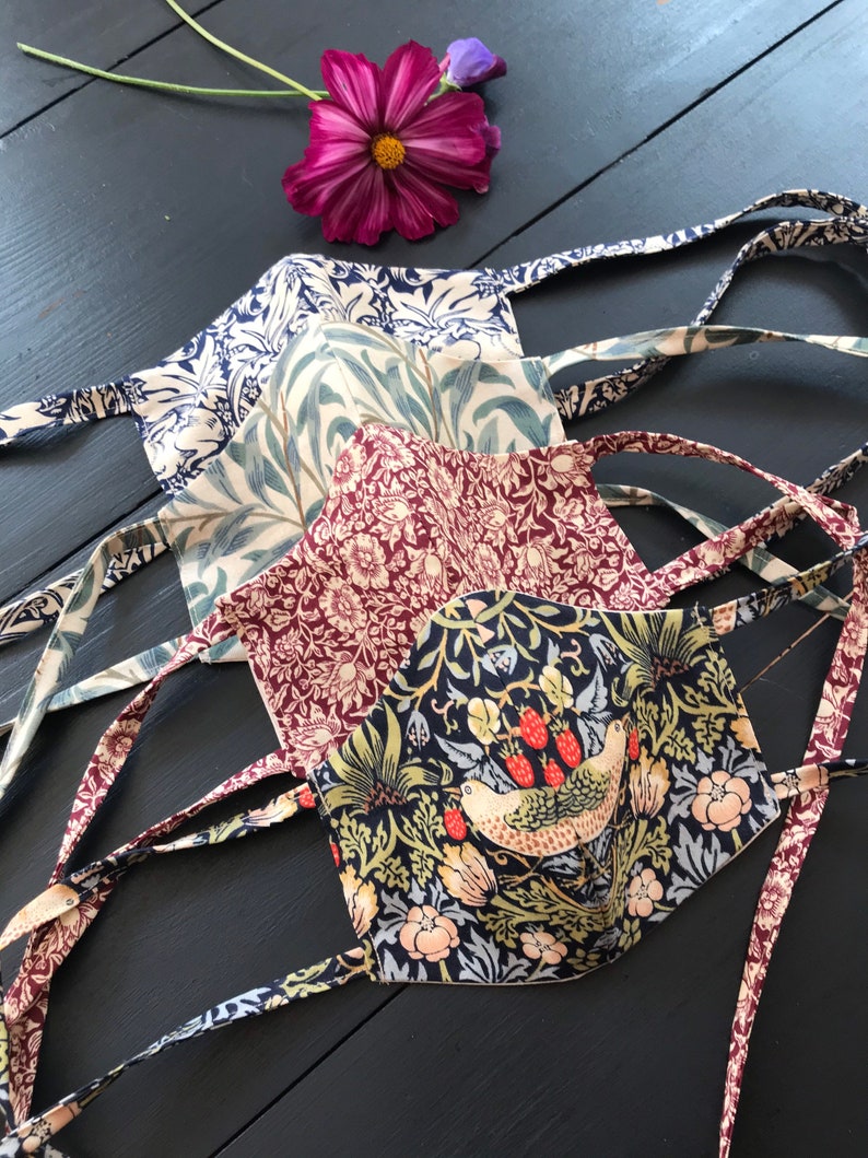 William Morris reusable face mask covering washable recycled fabric cotton tie back strawberry thief golden lily willow bough trellis image 6