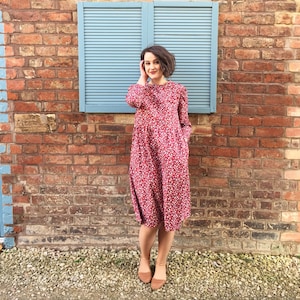 Tie waist ditsy floral midi dress with pockets red navy brown black plus regular petite women’s dress