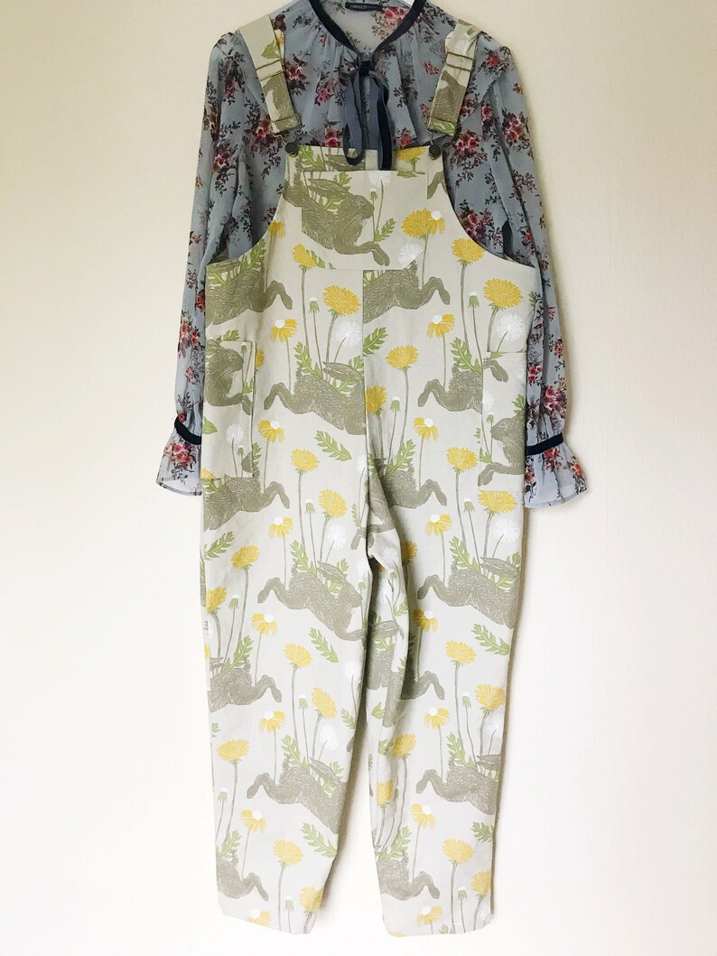 Handmade Cotton Hare Print Dungarees: Relaxed Fit Overalls image 4