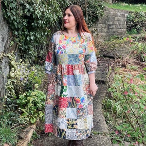 Handmade midi heirloom patchwork ladies smock dress pockets with william Morris and vintage floral fabric recycled quilted image 5