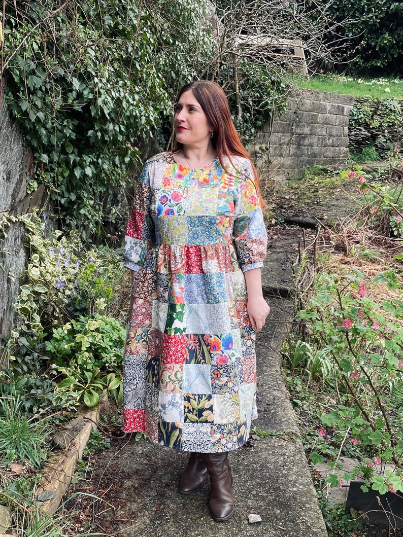 Handmade midi heirloom patchwork ladies smock dress pockets with william Morris and vintage floral fabric recycled quilted image 5