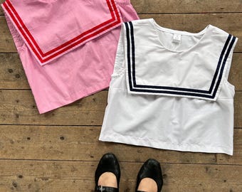 Blouse met matrozenkraag / Nautical oversized mouwloze top met slabbetje marine roze wit rood blauw