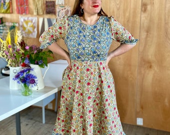 multi floral summer prairie dress ladies petite regular plus size red blue flowers frill cottagecore pioneer midi dress liberty style