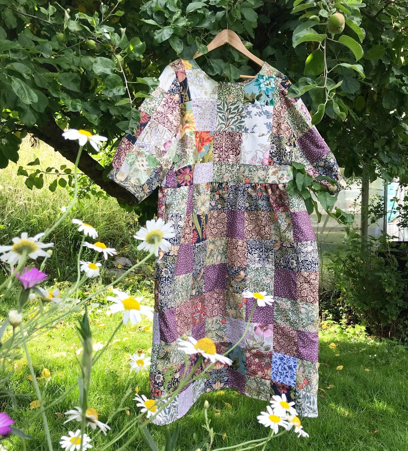 Handmade midi heirloom patchwork ladies smock dress pockets with william Morris and vintage floral fabric recycled quilted image 7