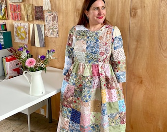 Handmade midi heirloom patchwork ladies smock dress pockets with william Morris and vintage floral fabric recycled quilted