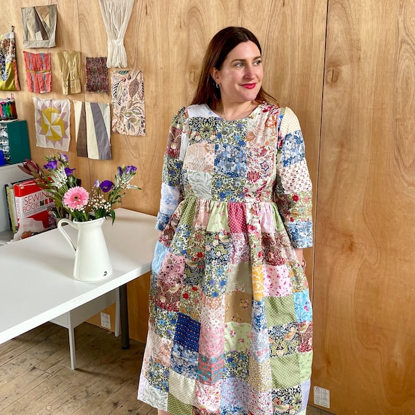 Handmade midi heirloom patchwork ladies smock dress pockets with william Morris and vintage floral fabric recycled quilted