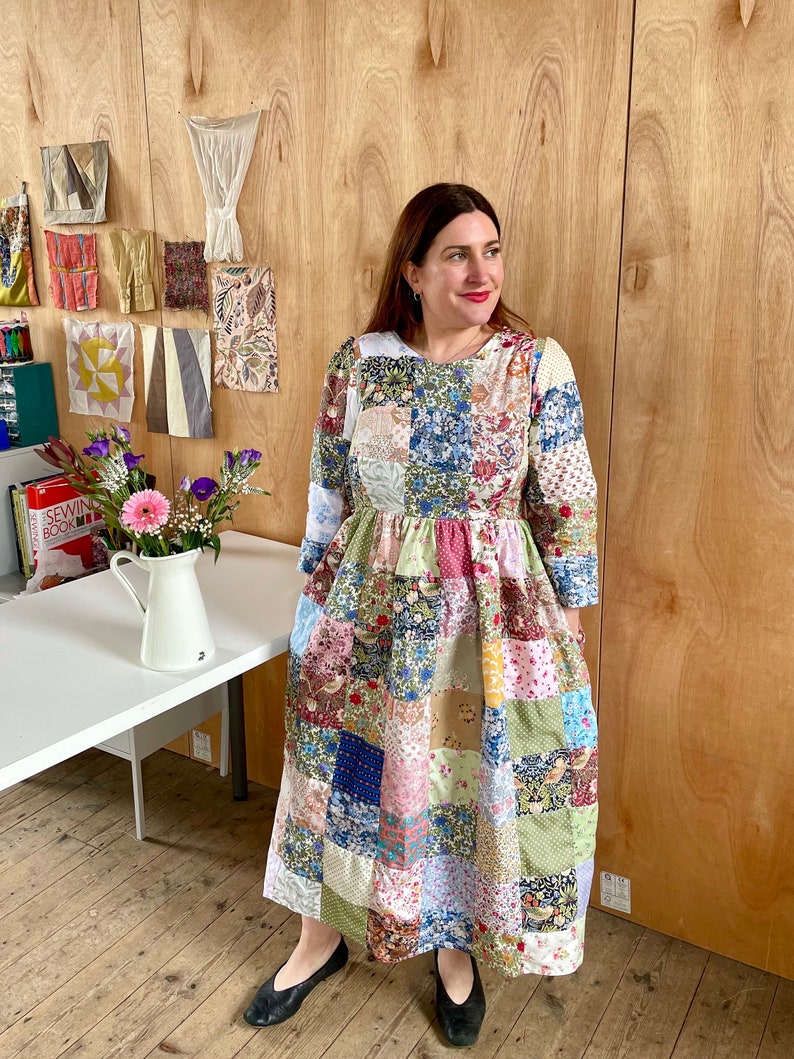 Handmade midi heirloom patchwork ladies smock dress pockets with william Morris and vintage floral fabric recycled quilted image 1