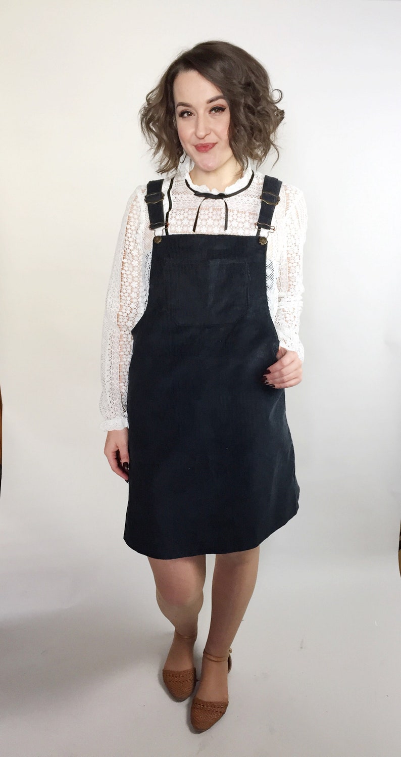 Handmade corduroy dungaree dress various lengths black navy green overalls uk6-26 image 7