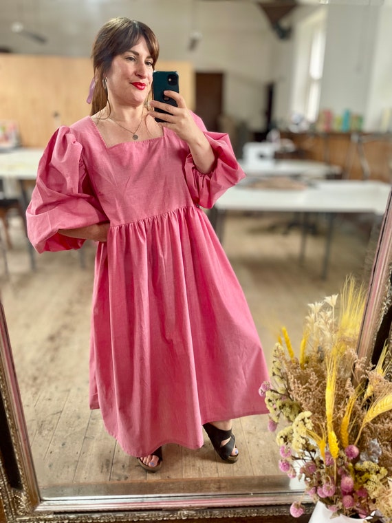 Handmade Ladies Balloon Sleeve Square Neck Midi Dress Pink