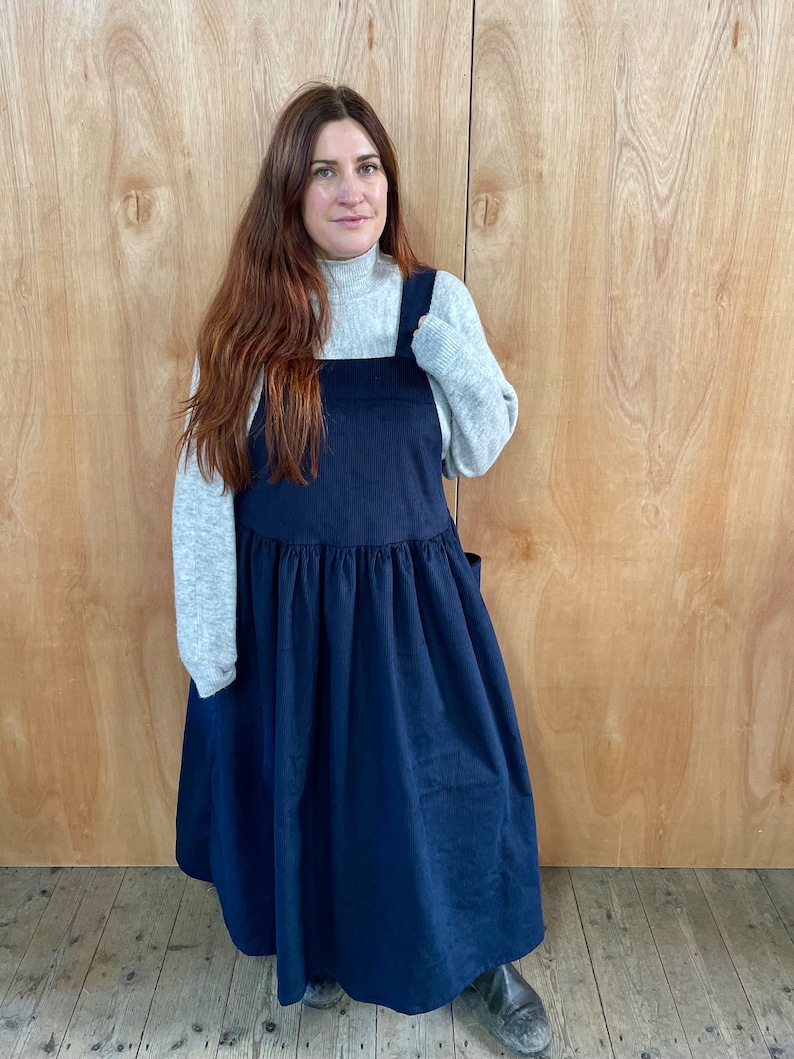 Handmade corduroy midi smock dress with deep side pockets apron pinafore style image 2