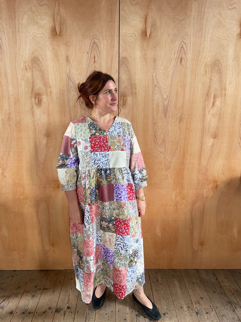 Handmade midi heirloom patchwork ladies smock dress pockets with william Morris and vintage floral fabric recycled quilted image 4