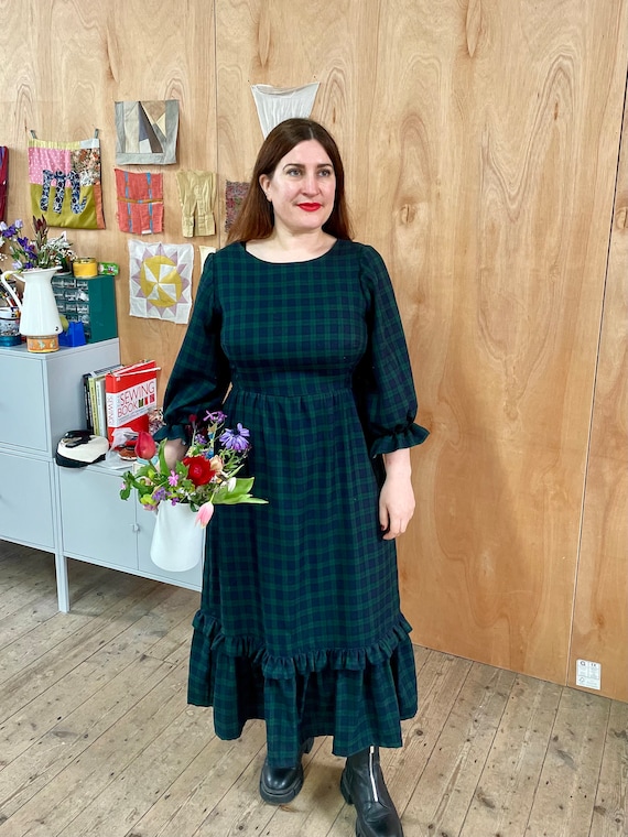 Navy Tartan Prairie Chore Worker Dress Ruffles Pockets Etsy
