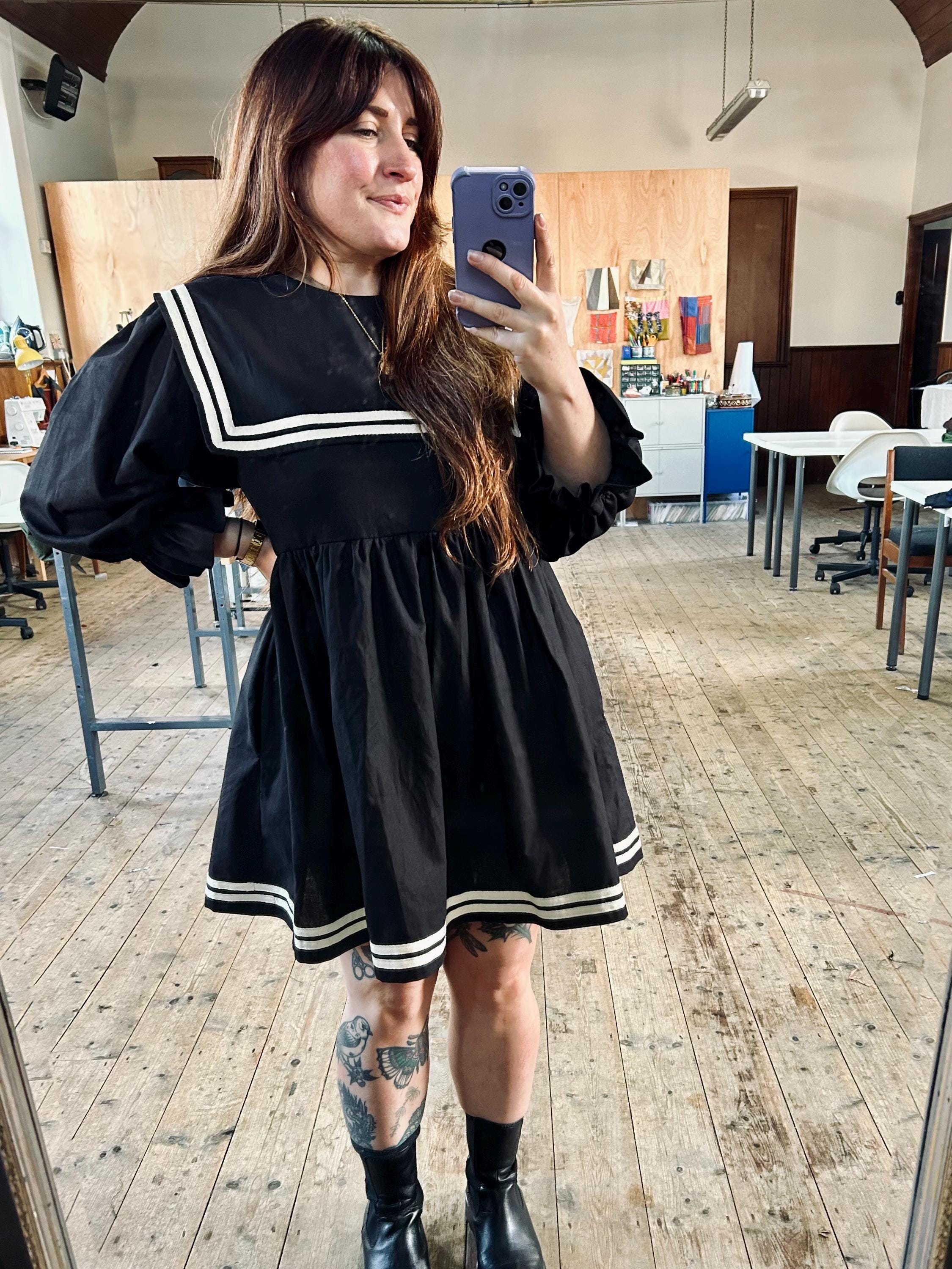 Nautical Collar Oversized Sleeves Sailor Mini Dress With Pockets
