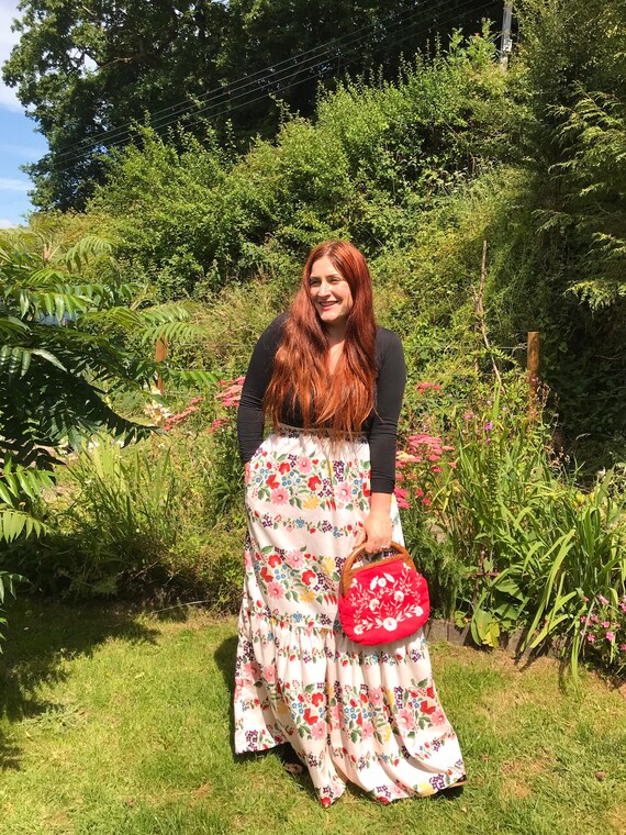 Floral Folk Print Maxi Skirt With Pockets Prairie Tiered Style Etsy