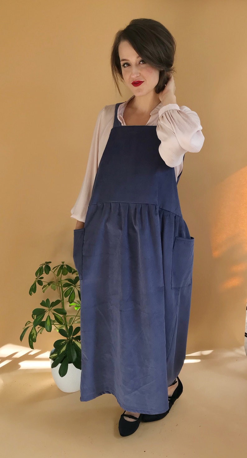 Handmade corduroy midi smock dress with deep side pockets apron pinafore style image 8