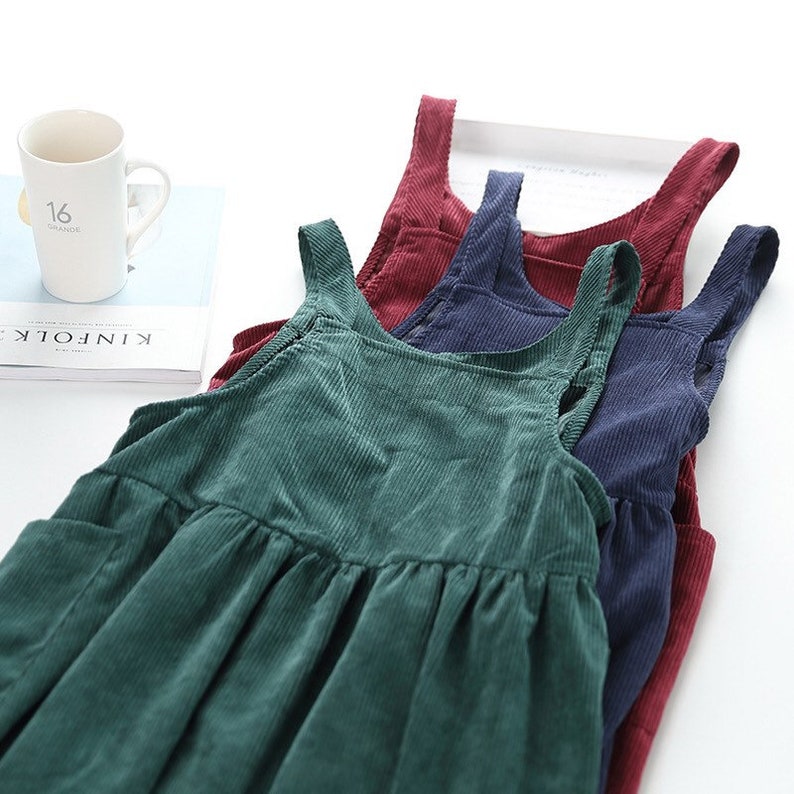 Handmade corduroy midi smock dress with deep side pockets apron pinafore style image 1