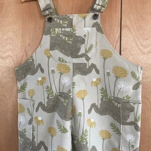 May include: Beige overalls with a pattern of brown rabbits and yellow dandelions. The overalls have adjustable straps and two pockets.