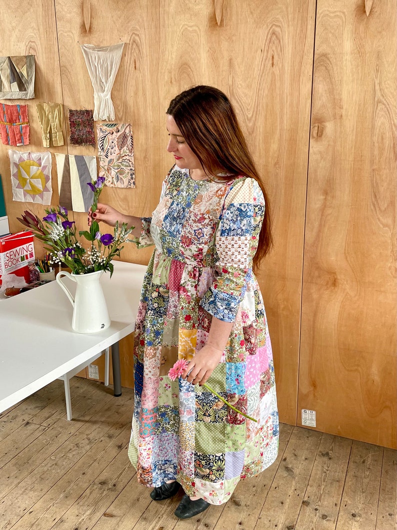Handmade midi heirloom patchwork ladies smock dress pockets with william Morris and vintage floral fabric recycled quilted image 3
